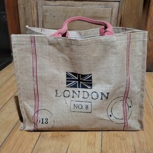 London Jute Tote Bag Book Beach Shopping Tan w/ Red Handles